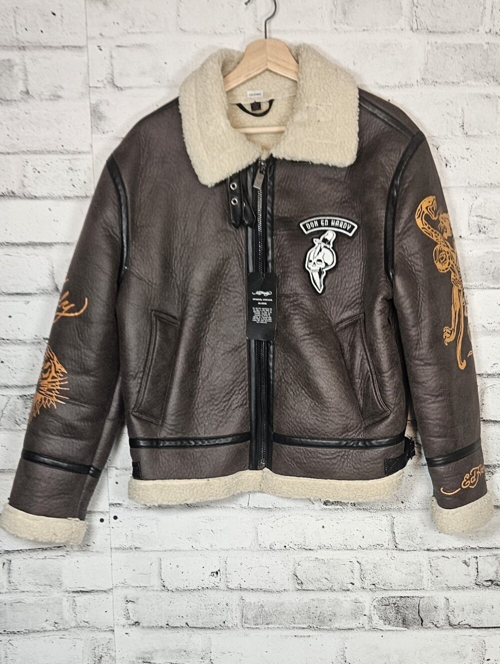 Ed Hardy Faux Shearling Aviator Jacket Brown Biker Moto Sherpa Small